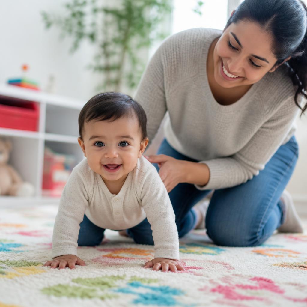 Baby on hands and knees on a rug with a parent beside them in bright natural light